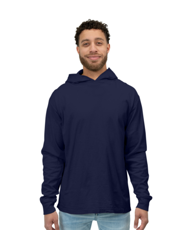 Model wearing a GDH280 ComfortWash by Hanes Garment-Dyed Jersey Hooded Long Sleeve T-Shirt