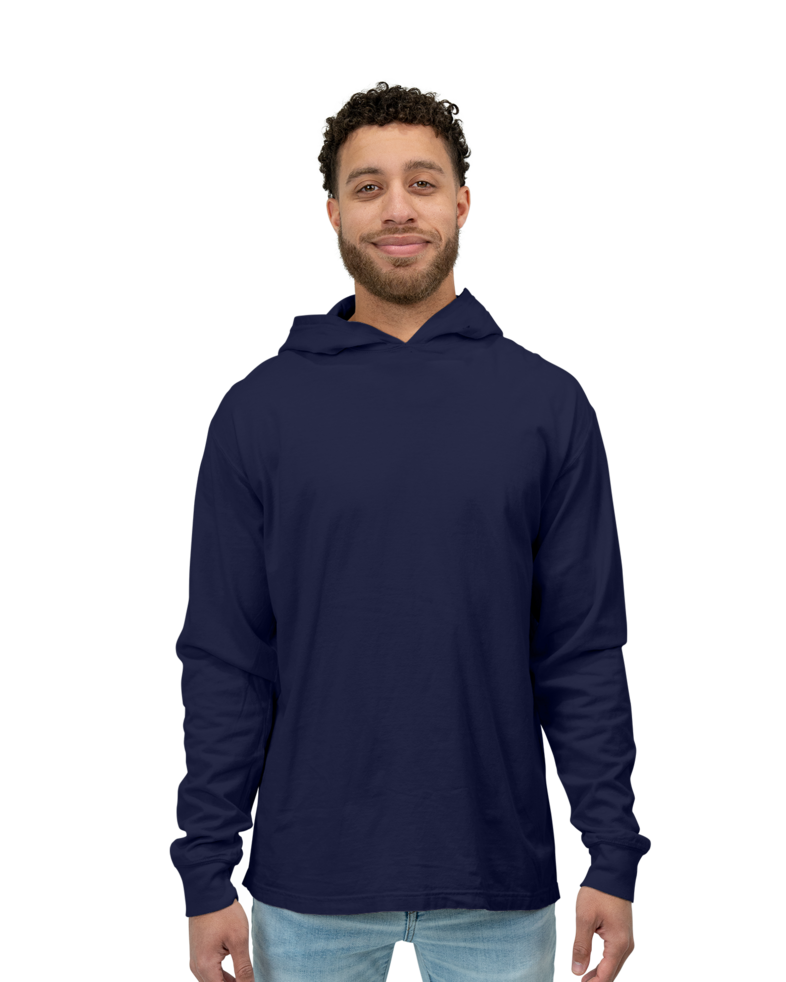 Image of a model wearing a GDH280 ComfortWash by Hanes Garment-Dyed Jersey Hooded Long Sleeve T-Shirt