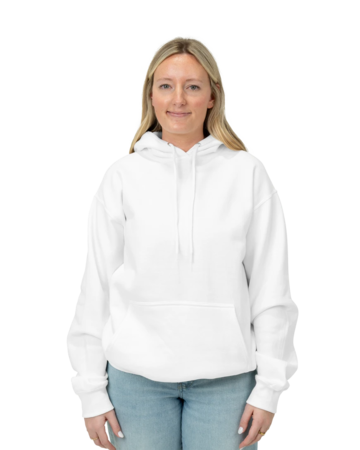 Model wearing a PC90H Port & Company Essential Fleece Pullover Hooded Sweatshirt