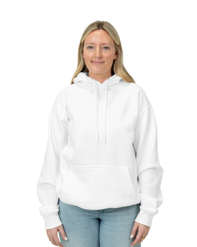 Image of a model wearing a PC90H Port & Company Essential Fleece Pullover Hooded Sweatshirt