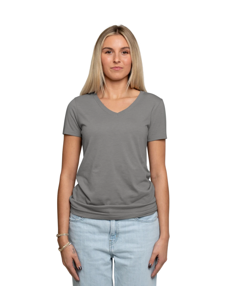Image of a model wearing a AL2018 Allmade® Women’s Tri-Blend V-Neck Tee