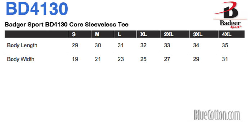 Size chart for a Badger Sport BD4130 Core Sleeveless Tee