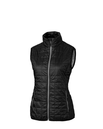 Model wearing a LCO00008 Cutter & Buck Rainier PrimaLoft® Womens Eco Insulated Full Zip Puffer Vest