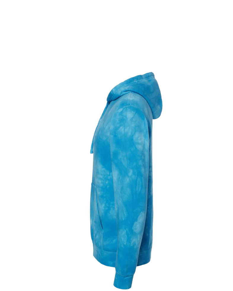 Image of a model wearing a PRM4500TD Independent Trading Co. Unisex Midweight Tie-Dyed Hooded Sweatshirt