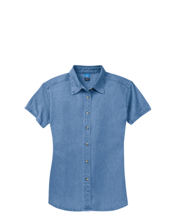 Model wearing a LSP11 Port & Company Ladies Short Sleeve Value Denim