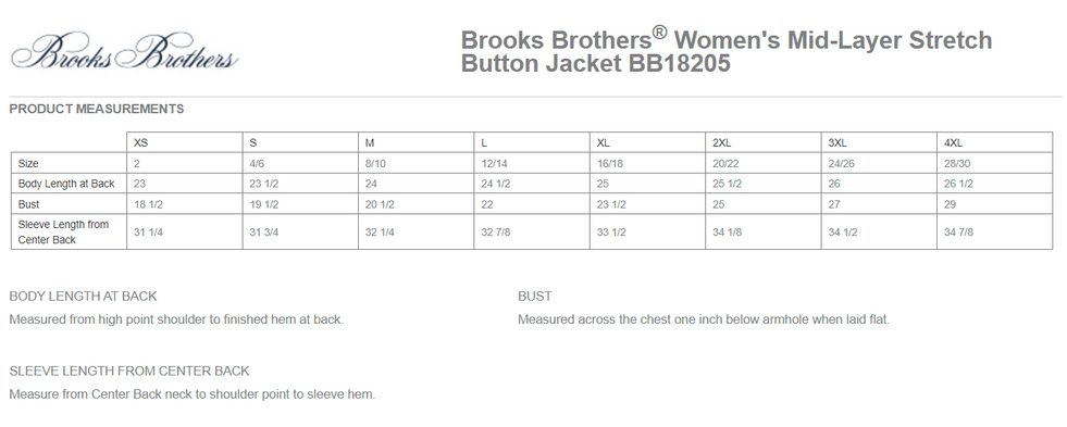 Size chart for a BB18205 Brooks Brothers® Women’s Mid-Layer Stretch Button Jacket