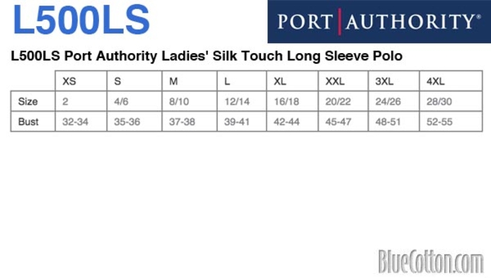 Size chart for a L500LS Port Authority Ladies' Silk Touch Long Sleeve Polo