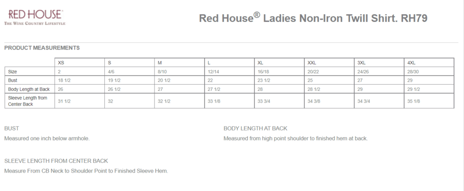 Size chart for a RH79 Red House Ladies Non-Iron Twill Shirt