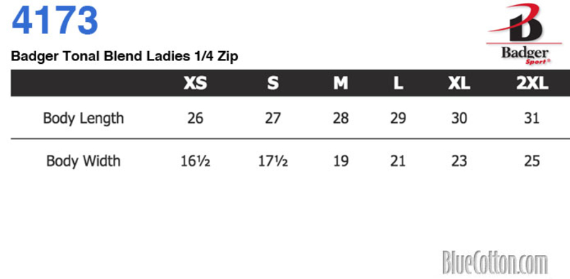 Size chart for a 4173 Badger Tonal Blend Ladies 1/4 Zip