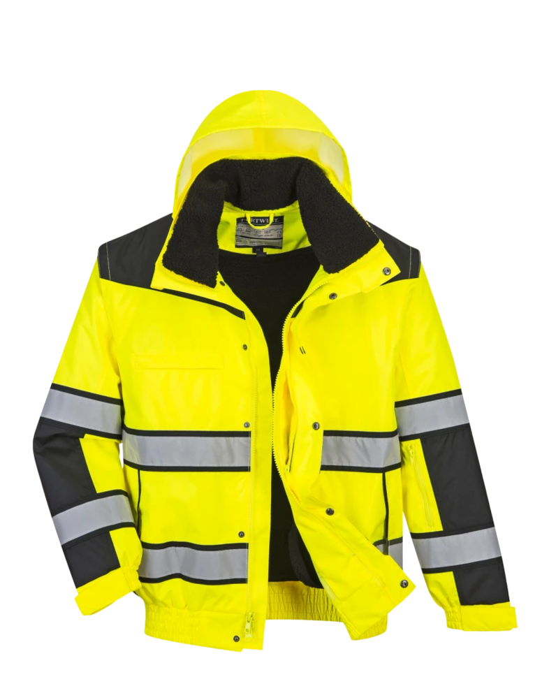 Image of a model wearing a UC466 Portwest Hi-Vis Classic Bomber Jacket