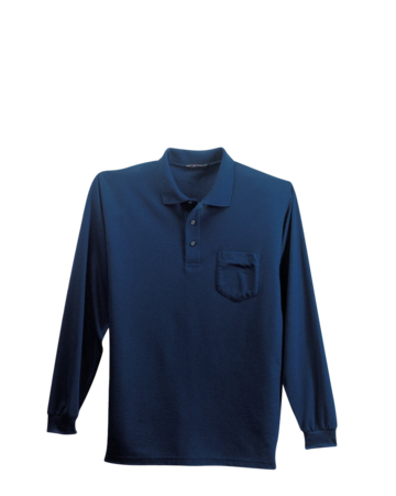 Model wearing a K500LSP Port Authority Silk Touch LS Pocket Polo