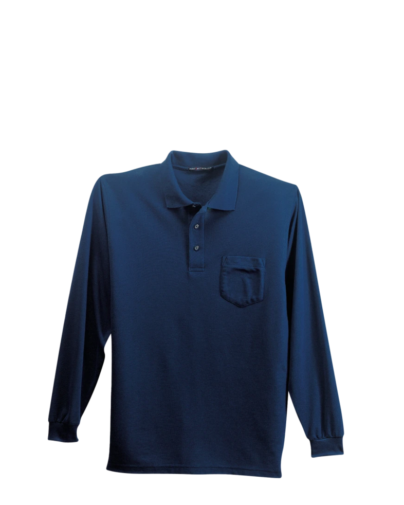 Image of a model wearing a K500LSP Port Authority Silk Touch LS Pocket Polo