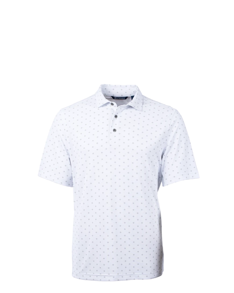 Image of a model wearing a MCK01170 Cutter & Buck Virtue Eco Pique Tile Print Recycled Mens Polo