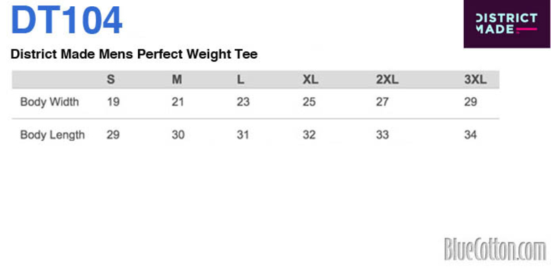 Size chart for a DT104 District Perfect Weight Tee
