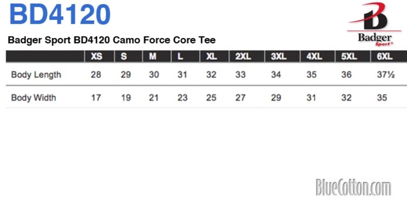Size chart for a Badger Sport BD4120 Camo Force Core Tee