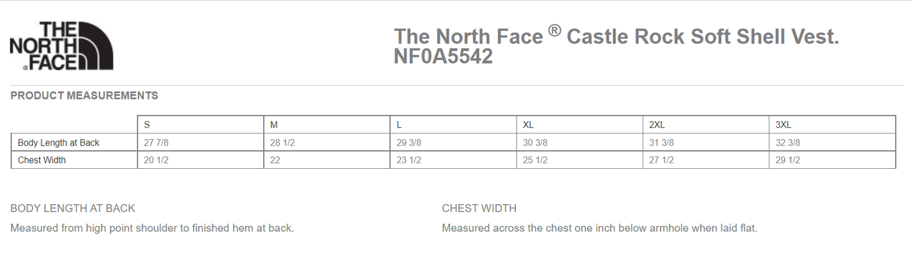 Size chart for a NF0A5542 The North Face Castle Rock Soft Shell Vest