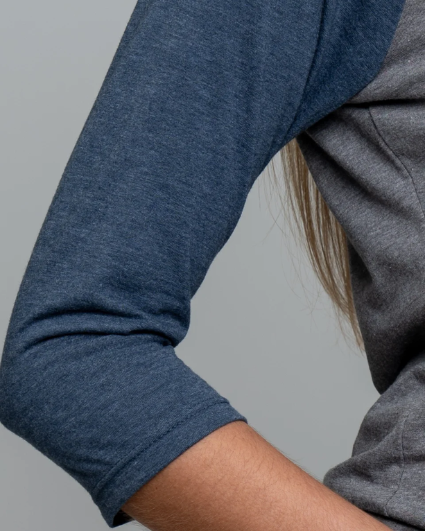 Closeup of a DM136L District Ladies Tri-Blend Baseball Raglan