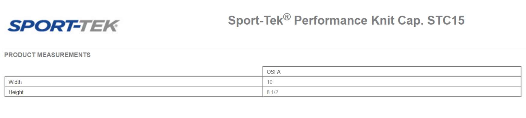 Size chart for a STC15 Sport-Tek Performance Knit Cap