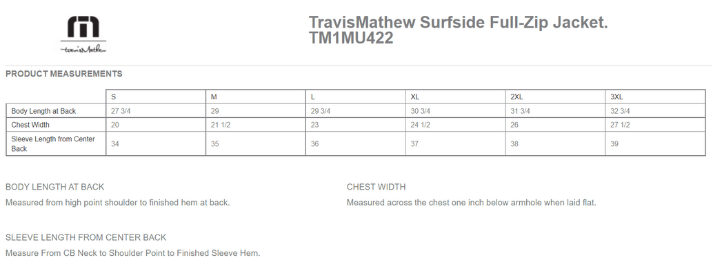 Size chart for a TM1MU422 TravisMathew Surfside Full-Zip Jacket