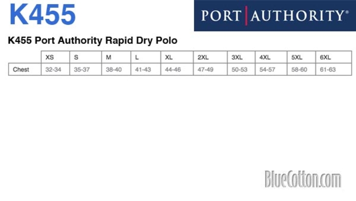 Size chart for a K455 Port Authority Rapid Dry Polo