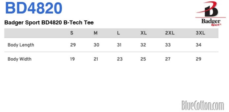 Size chart for a Badger Sport BD4820 B-Tech Tee