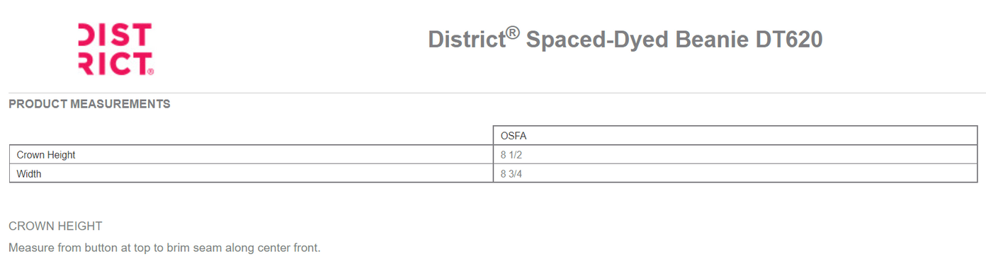 Size chart for a DT620 District Spaced-Dyed Beanie