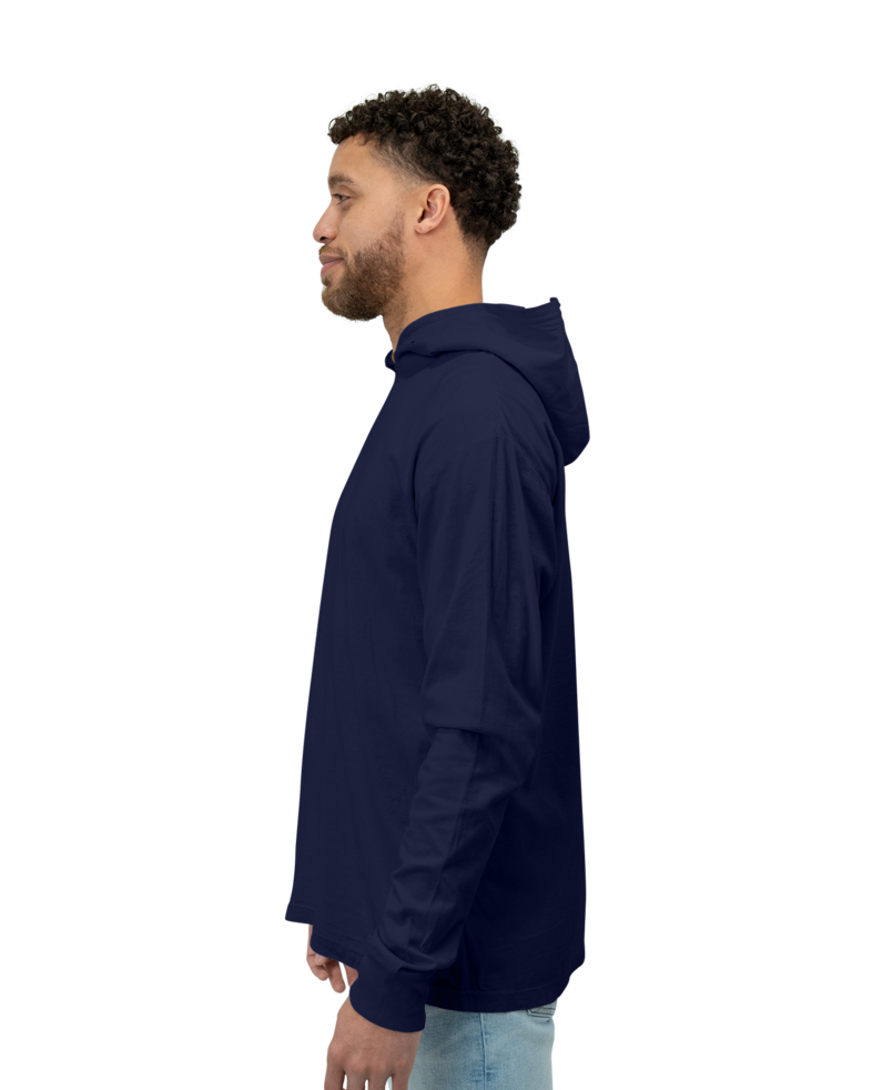 Image of a model wearing a GDH280 ComfortWash by Hanes Garment-Dyed Jersey Hooded Long Sleeve T-Shirt