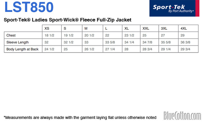 Size chart for a LST850 Sport-Tek Ladies Sport-Wick Stretch 1/2-Zip Pullover
