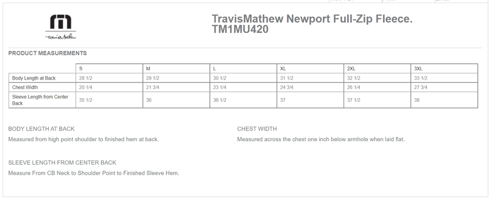 Size chart for a TM1MU420 TravisMathew Newport Full-Zip Fleece