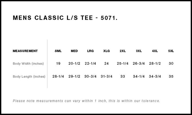Size chart for a 5071 AS Colour Classic L/S Tee