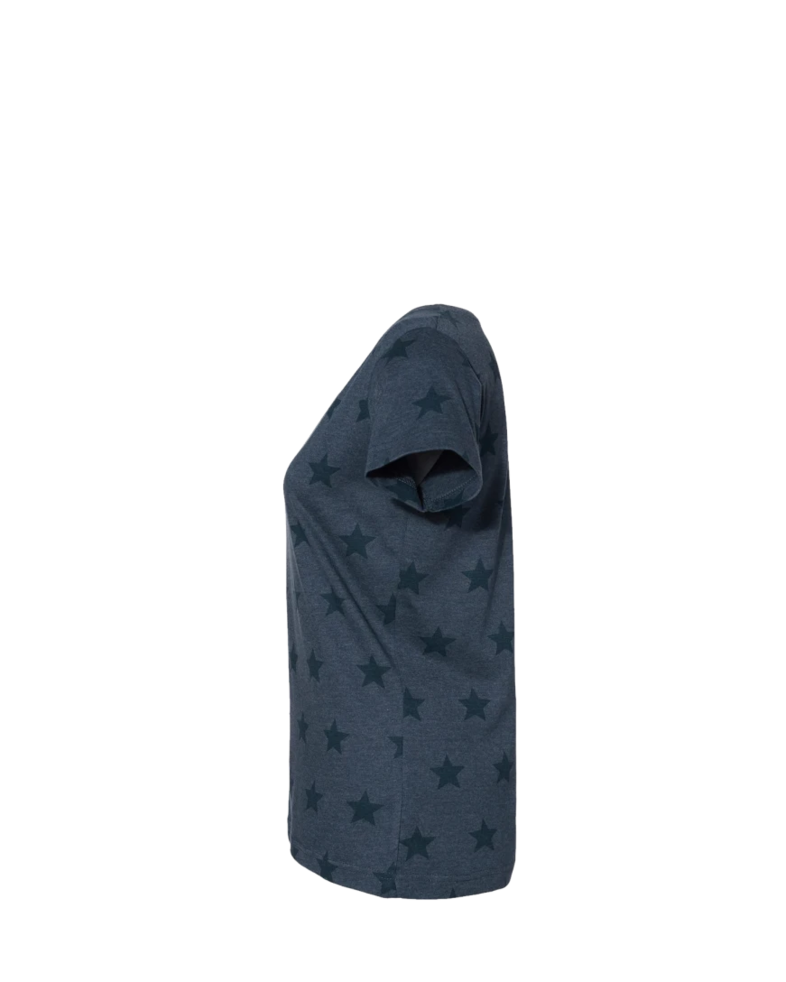 Image of a model wearing a 3629 Code Five Women's Star Print Scoop Neck Tee