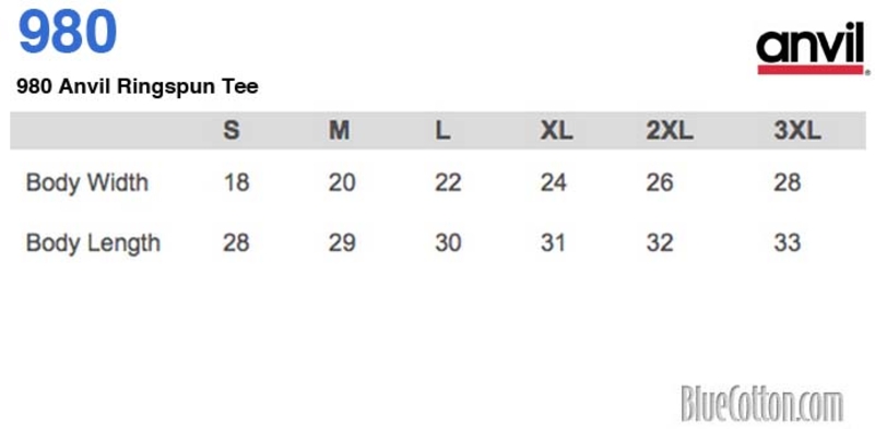Size chart for a Gildan 980 Ringspun Tee