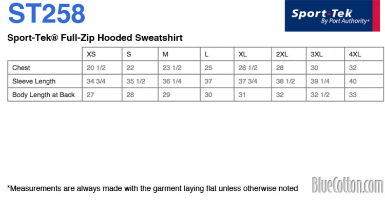 Size chart for a ST258 Sport-Tek Full-Zip Hooded Sweatshirt