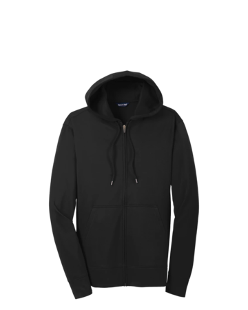 Model wearing a ST238 Sport-Tek Sport-Wick Fleece Full-Zip Hooded Jacket