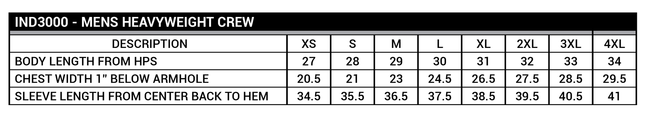 Size chart for a IND3000 Independent Trading Co. Unisex Heavyweight Crewneck Sweatshirt