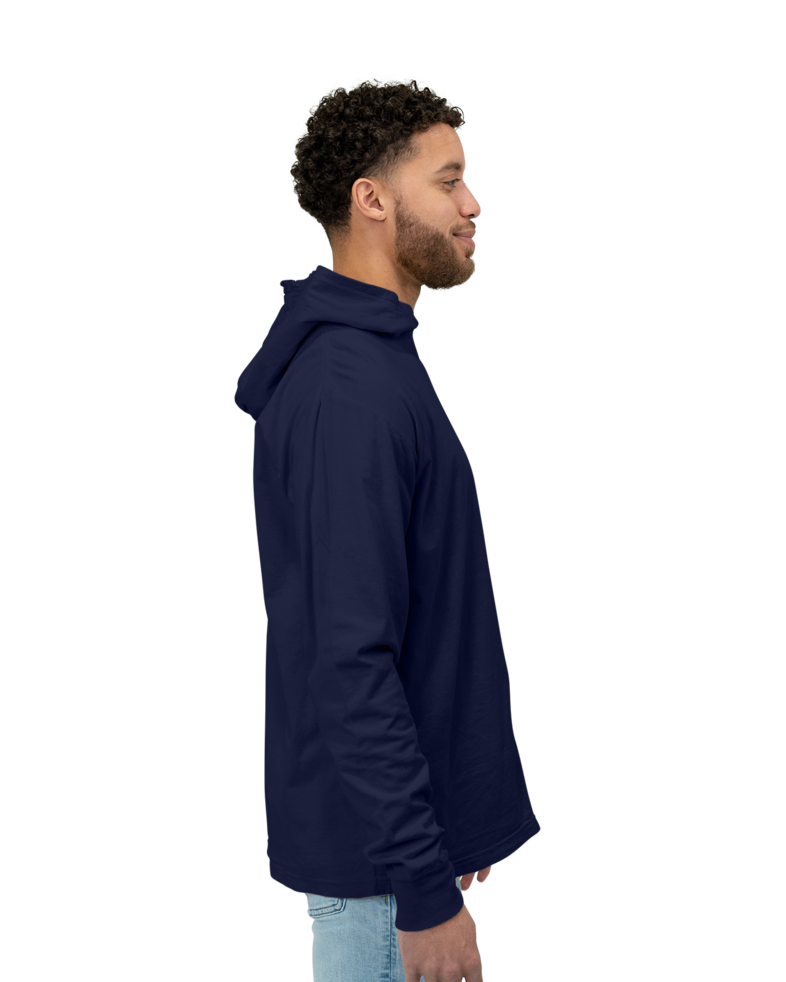 Image of a model wearing a GDH280 ComfortWash by Hanes Garment-Dyed Jersey Hooded Long Sleeve T-Shirt