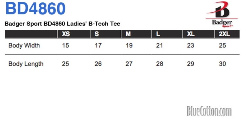 Size chart for a Badger Sport BD4860 Ladies' B-Tech Tee