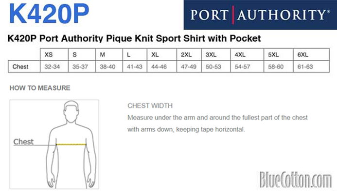 Size chart for a K420P Port Authority Pique Knit Sport Shirt with Pocket