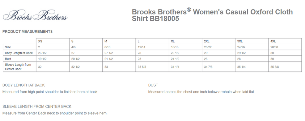 Size chart for a BB18005 Brooks Brothers® Women’s Casual Oxford Cloth Shirt