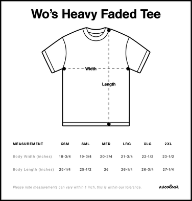 Size chart for a 4082 AS Colour Women's Heavy Faded Tee