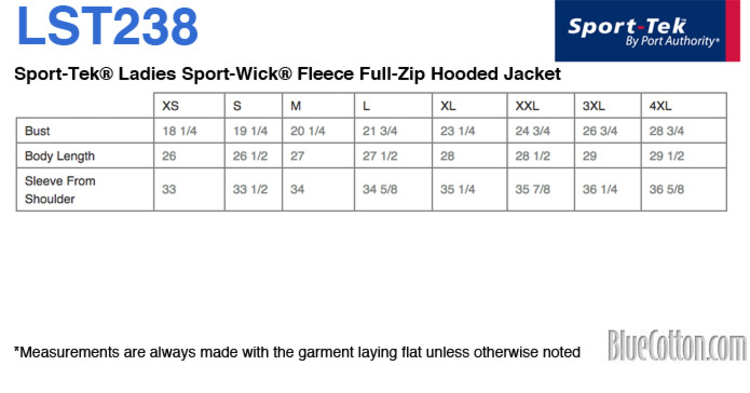 Size chart for a LST238 Sport-Tek Ladies Sport-Wick Fleece Full-Zip Hooded Jacket
