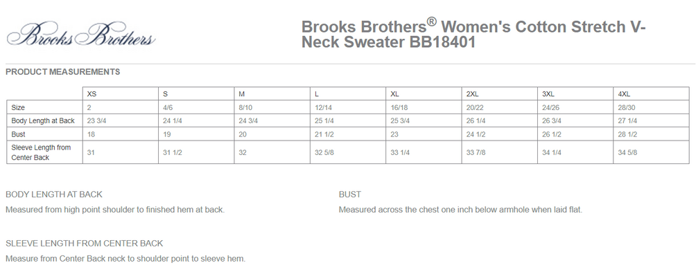 Size chart for a BB18401 Brooks Brothers® Women’s Cotton Stretch V-Neck Sweater