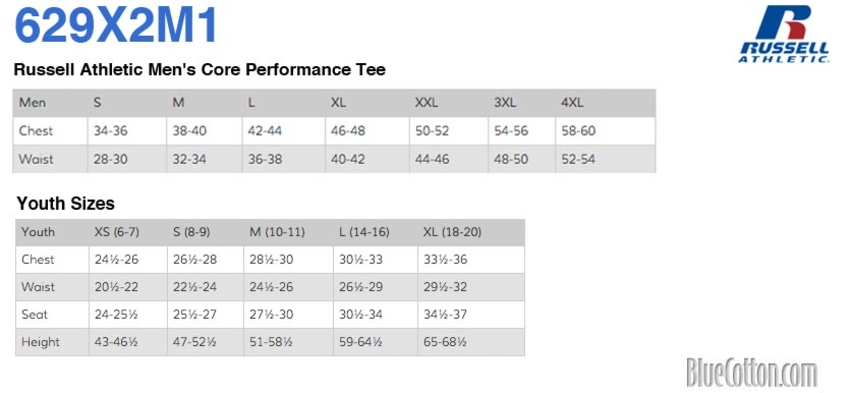 Size chart for a 629X2M1 Russell Short Sleeve Performance Tee