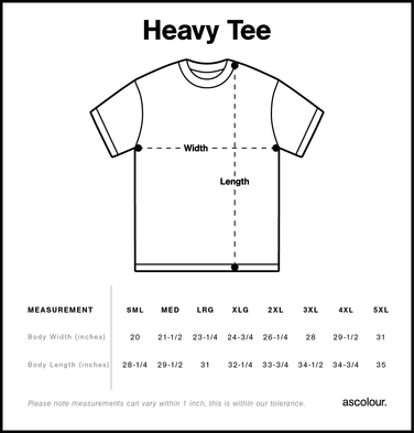 Size chart for a 5080 AS Colour Heavy Tee