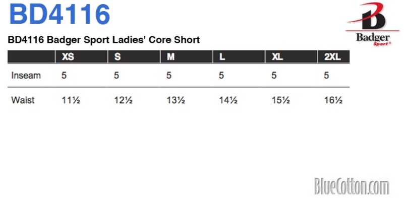 Size chart for a BD4116 Badger Sport Ladies' Core Short