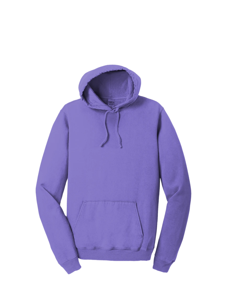 Image of a model wearing a PC098H Port & Company Pigment Dyed Pullover Hooded Sweatshirt