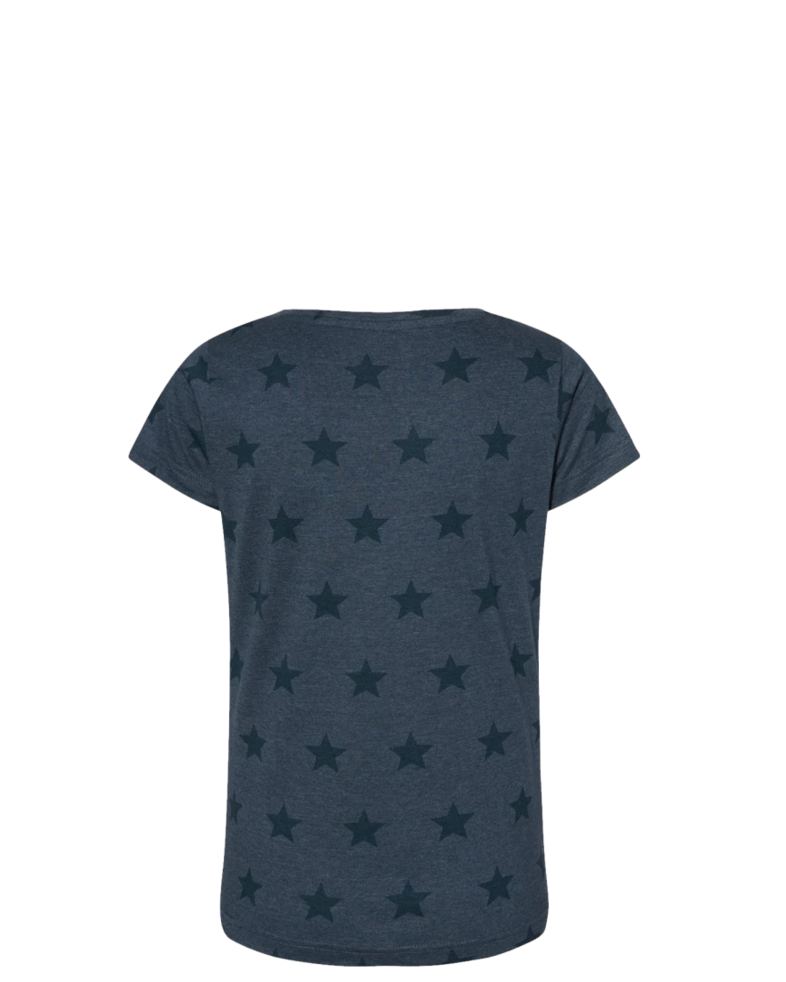 Image of a model wearing a 3629 Code Five Women's Star Print Scoop Neck Tee