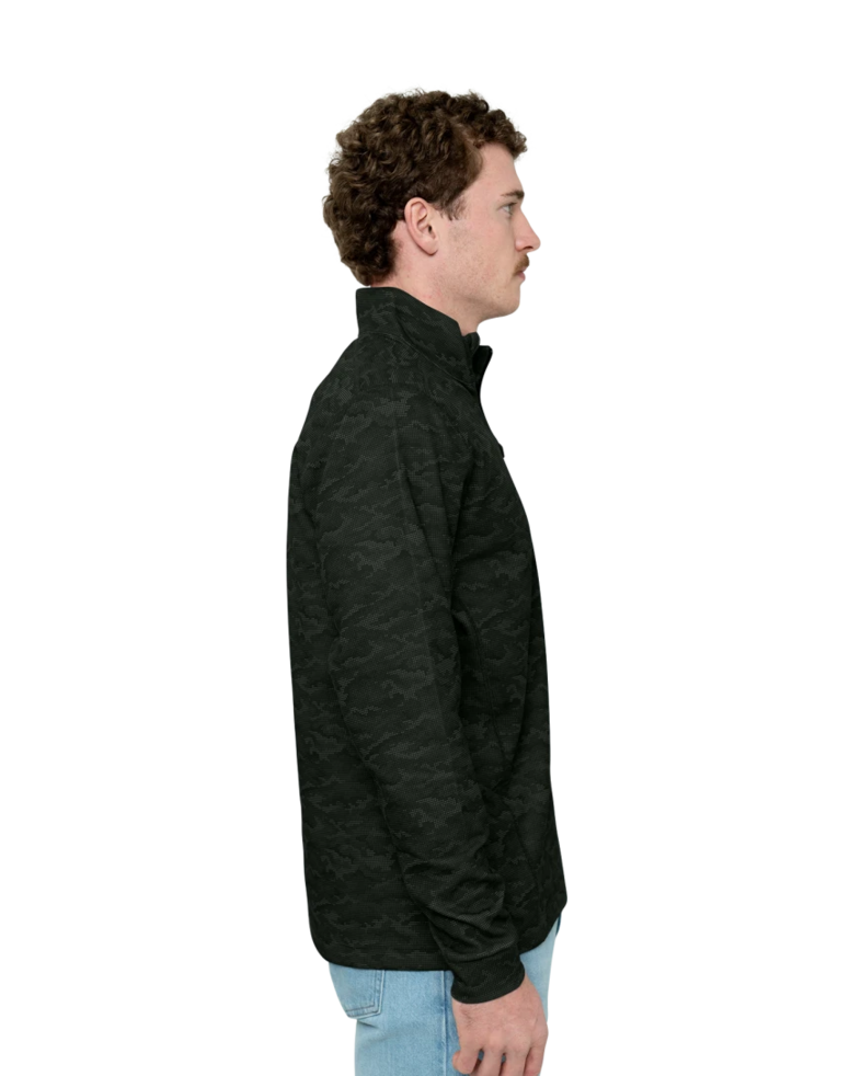 Image of a model wearing a MCK01081 Cutter & Buck Traverse Camo Print Stretch Quarter Zip Men's Pullover