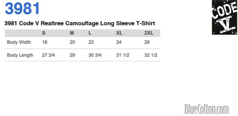 Size chart for a 3981 Code V Realtree Camouflage Long Sleeve T-Shirt
