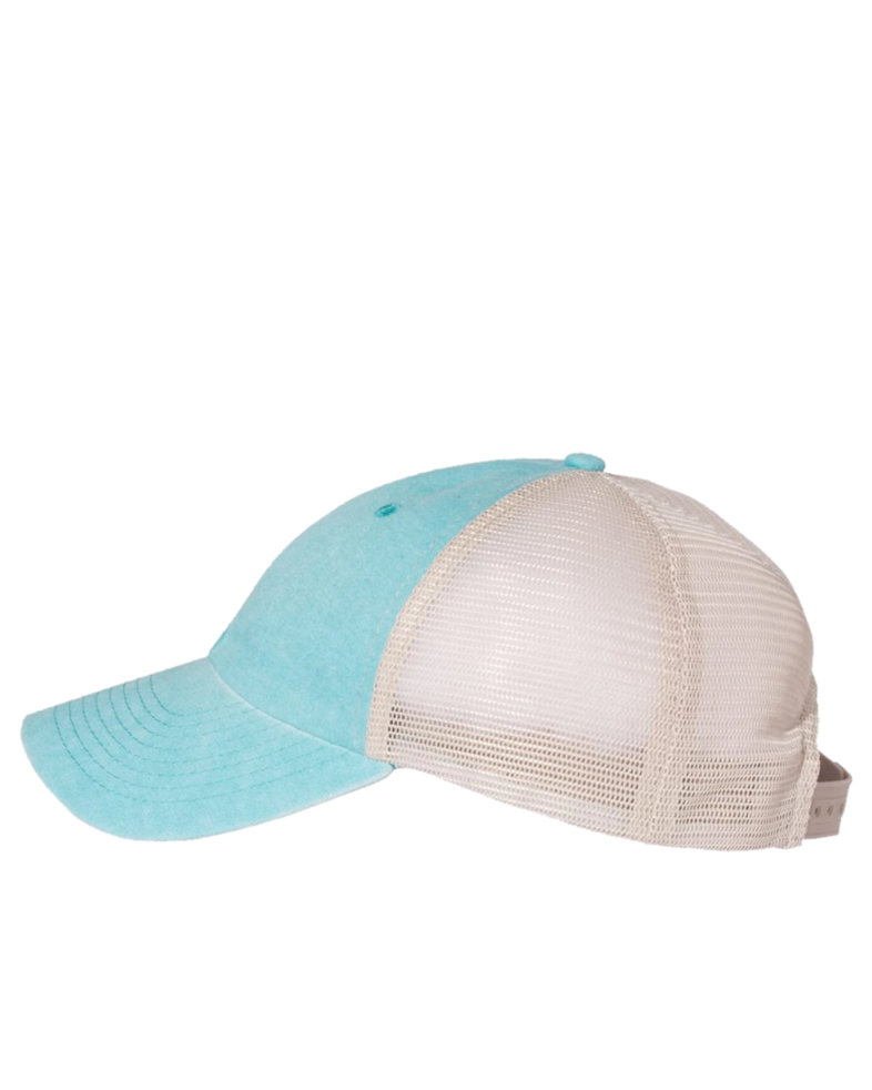 Image of a model wearing a SP510 Sportsman Pigment-Dyed Trucker Cap